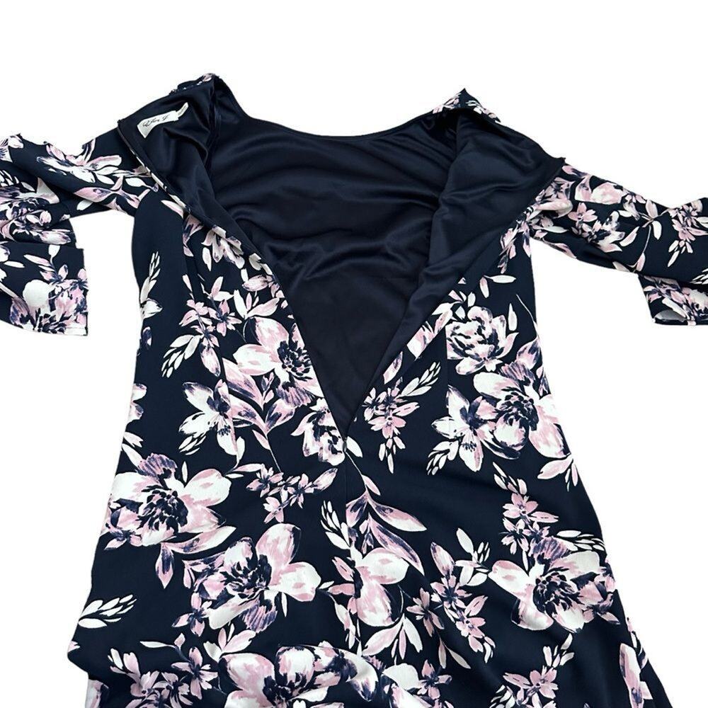 Eliza J Navy Blue Pink Floral Bell Sleeve Shift Dress Women 10 Elegant Wedding - Picture 8 of 16